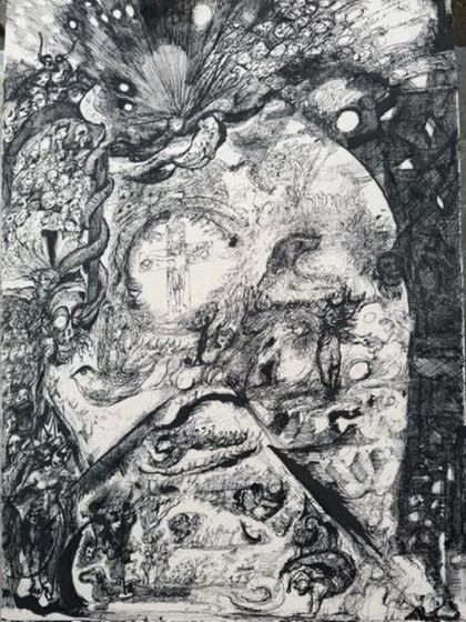 A painting of birds and flowers on a white background.