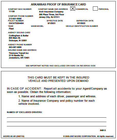 Arkansas proof of insurance card with blank fill-in lines and accident instructions