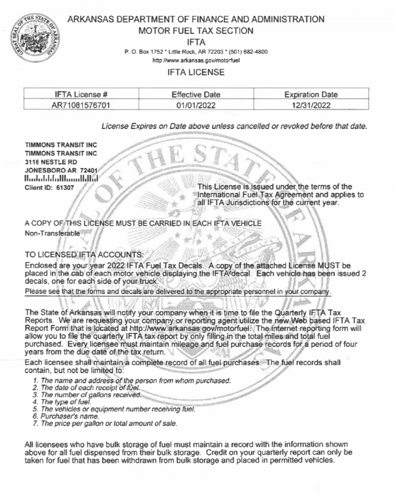 Arkansas Department of Finance and Administration motor fuel tax license certificate form