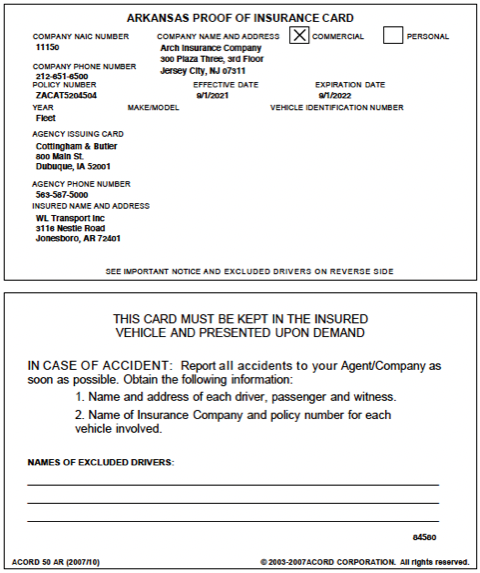 Arkansas proof of insurance card with policy and vehicle details in a black-and-white form layout