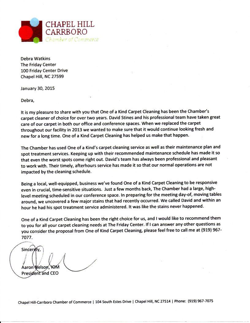 A formal letter of recommendation for a cleaning service on Chapel Hill-Carrboro Chamber of Commerce letterhead.
