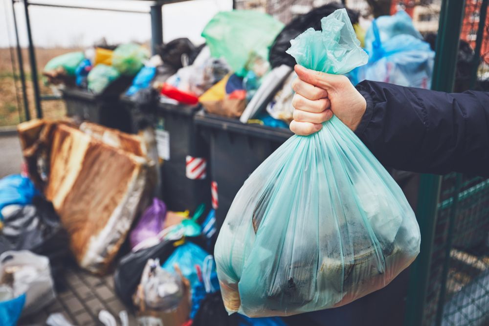 A Hand Holds a Full, Light-green Trash Bag in Front of Several Large — Smiley Rubbish Removal In Wauchope, NSW