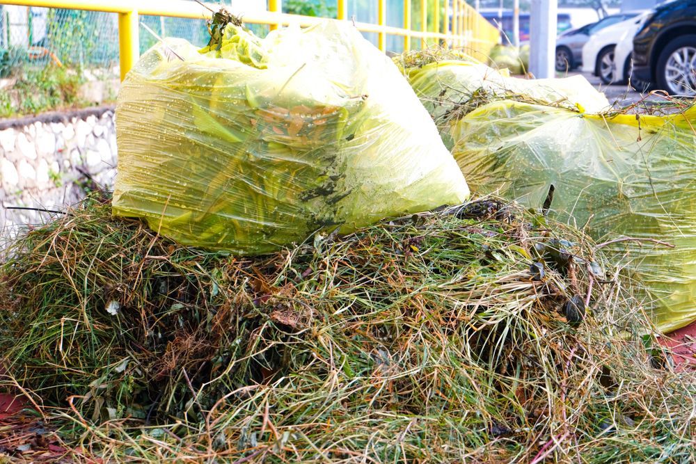 Yellow Plastic Bags Filled With Yard Waste and Piles of Dried Weeds — Smiley Rubbish Removal In Lake Cathie, NSW