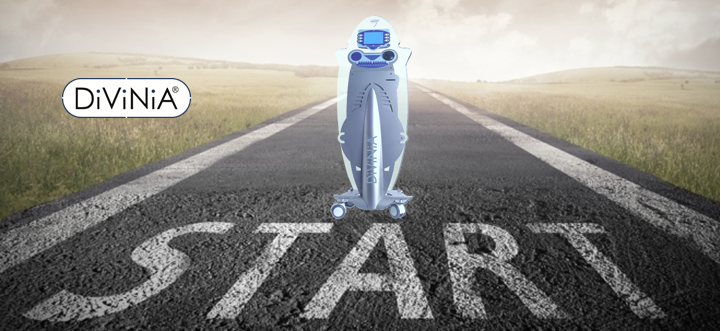 Auf einer Straße steht eine Maschine, auf der das Wort „Start“ steht.