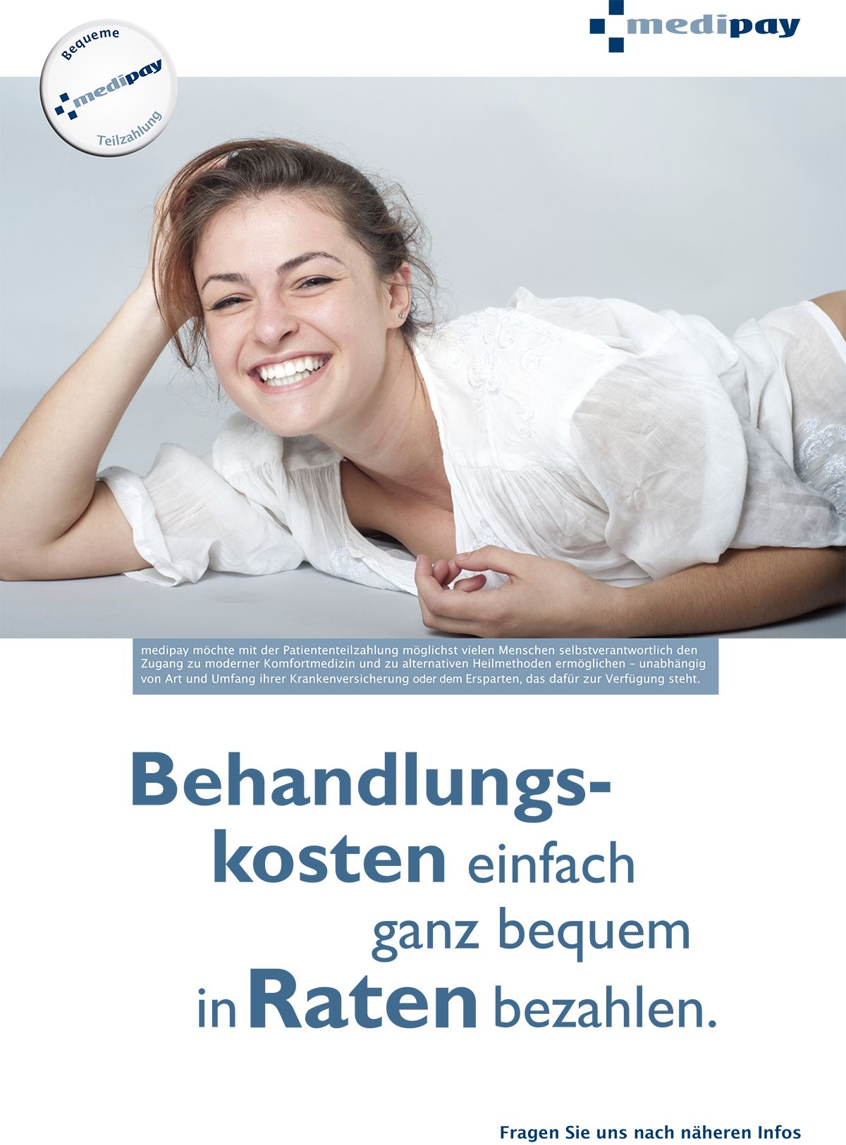 A woman is smiling on a poster that says behandlungs-kosten einfach ganz bequem in raten bezahlen