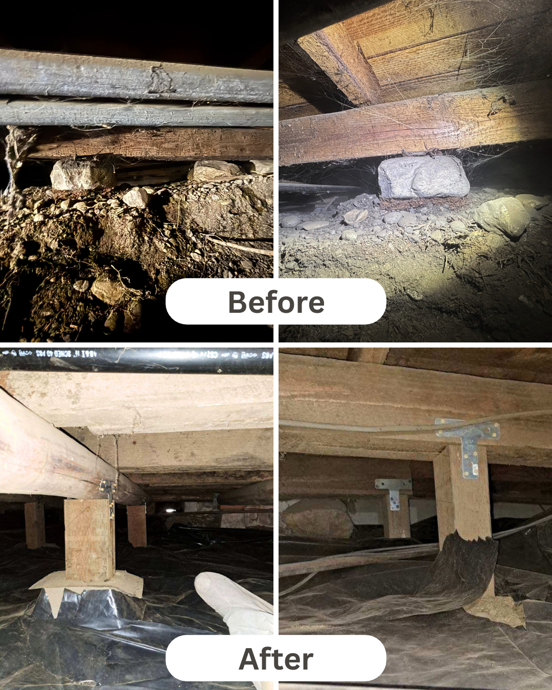 A crawl space foundation repair showing unstable stone footings before versus new vertical posts with metal connectors.