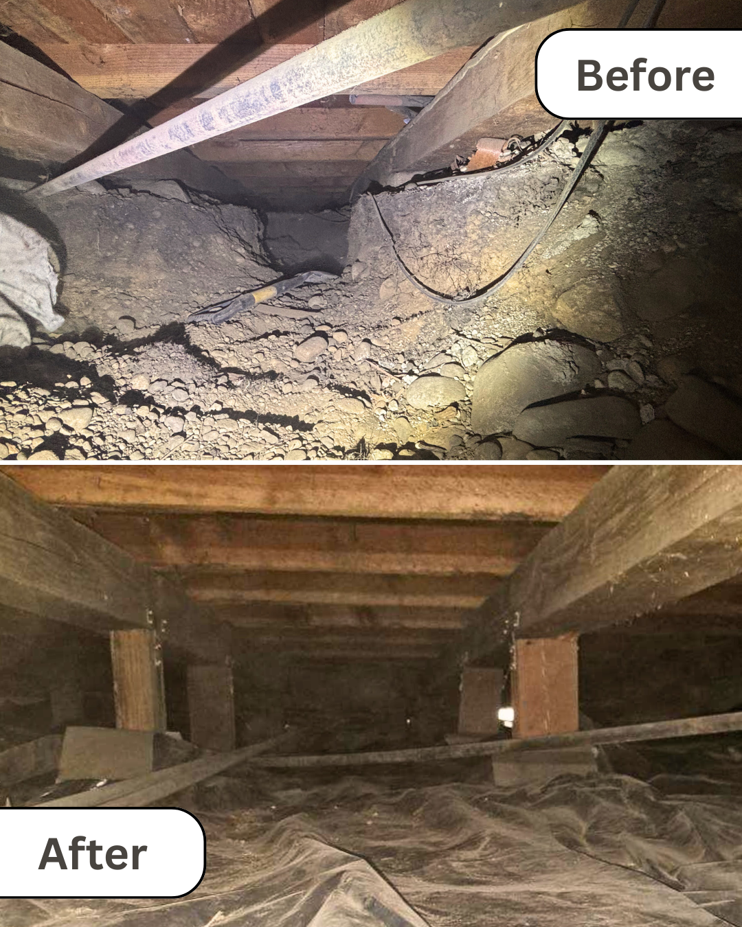 Before and after photos of a crawl space showing a structural repair with new support posts installed.