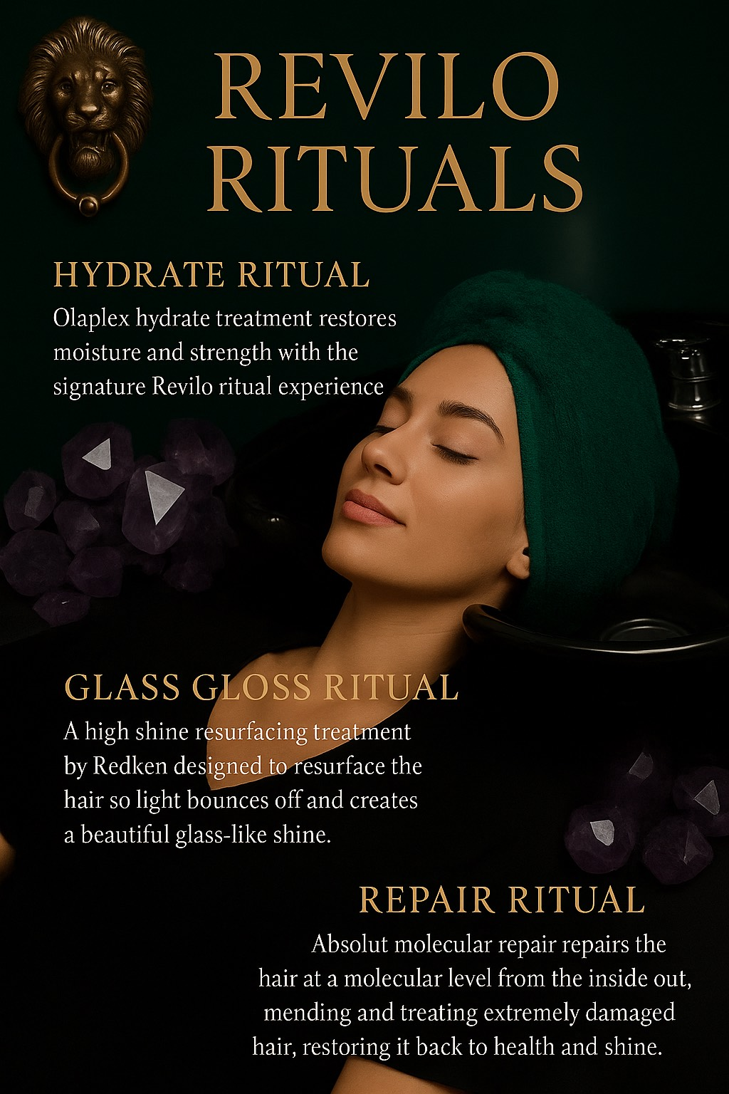 Woman in a bath with a hair wrap, promoting Revilo hair rituals. Text lists: hydrate, glass gloss, and repair rituals. Woman in a bath with a hair wrap, promoting Revilo hair rituals. Text lists: hydrate, glass gloss, and repair rituals.