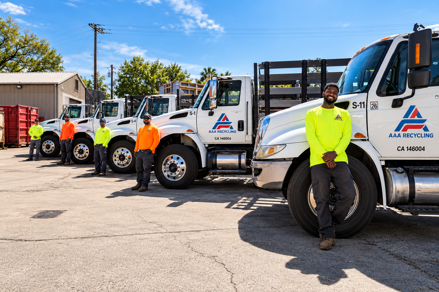Workers in neon safety gear stand beside white utility trucks in a parking lot