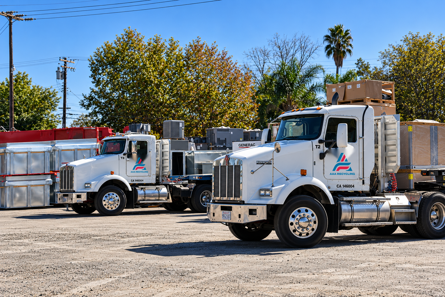Two white utility trucks parked on gravel in a sunny yard, with trees and equipment in the background