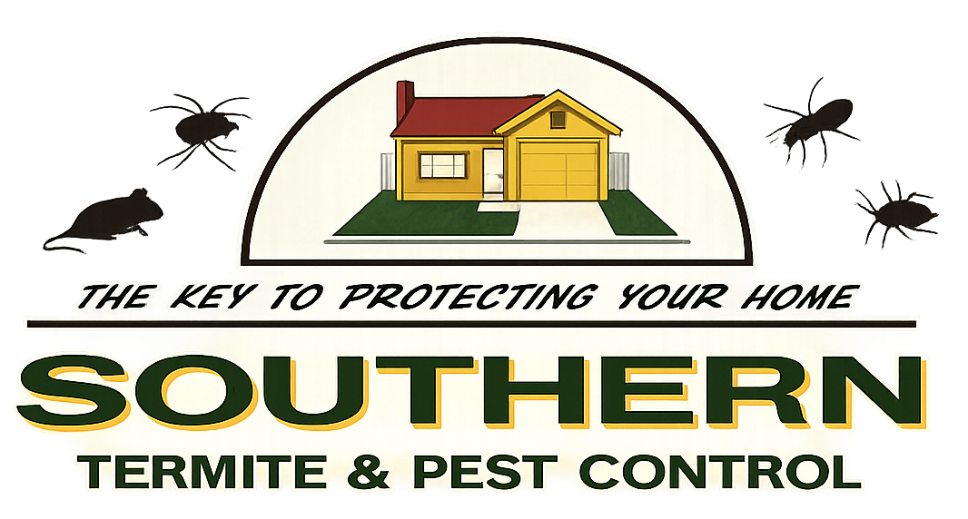 Southern Termite & Pest Control logo with house, insects, and tagline &ldquo;The key to protecting your home&rdquo;