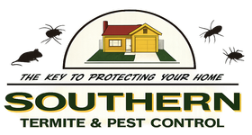 Southern Termite & Pest Control logo with house, insects, and tagline “The key to protecting your home”