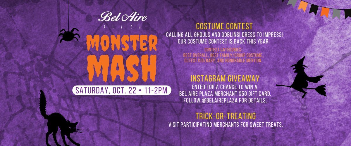 A poster for a monster mash with a black cat and spiders