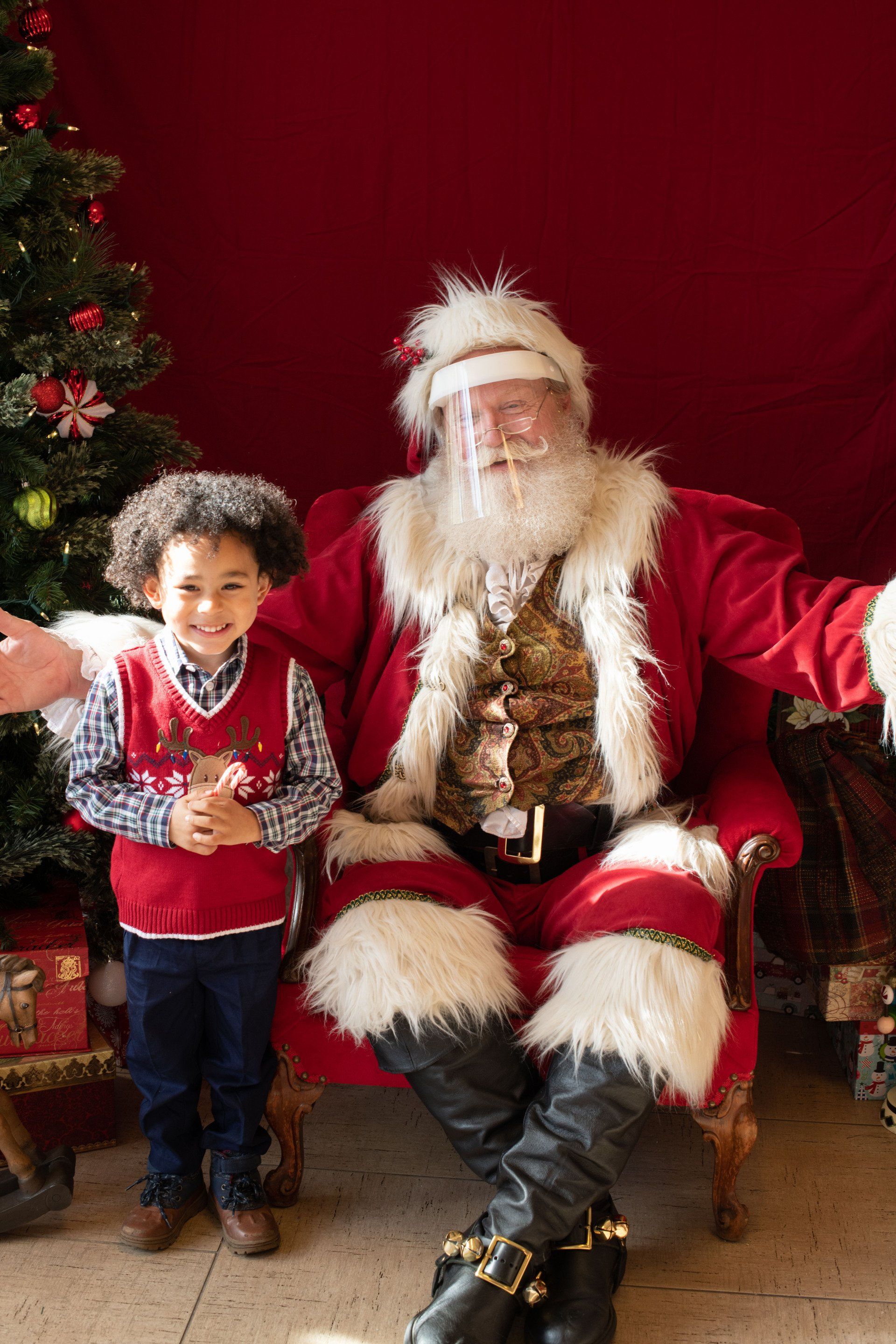 A little boy is sitting on santa 's lap in front of a christmas tree.