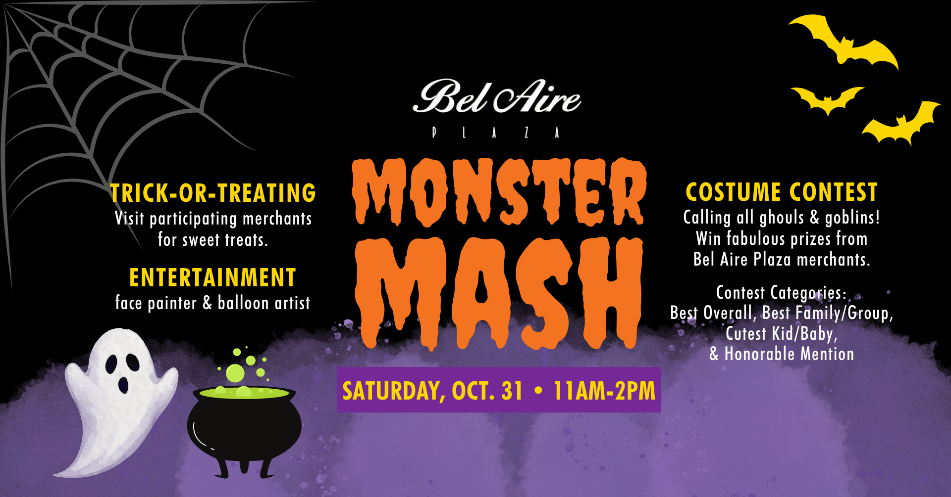 Visit Bel Aire Plaza this Saturday, October 31st for the Monster Mash. Featuring trick-or-treating, entertainment, and a costume contest.