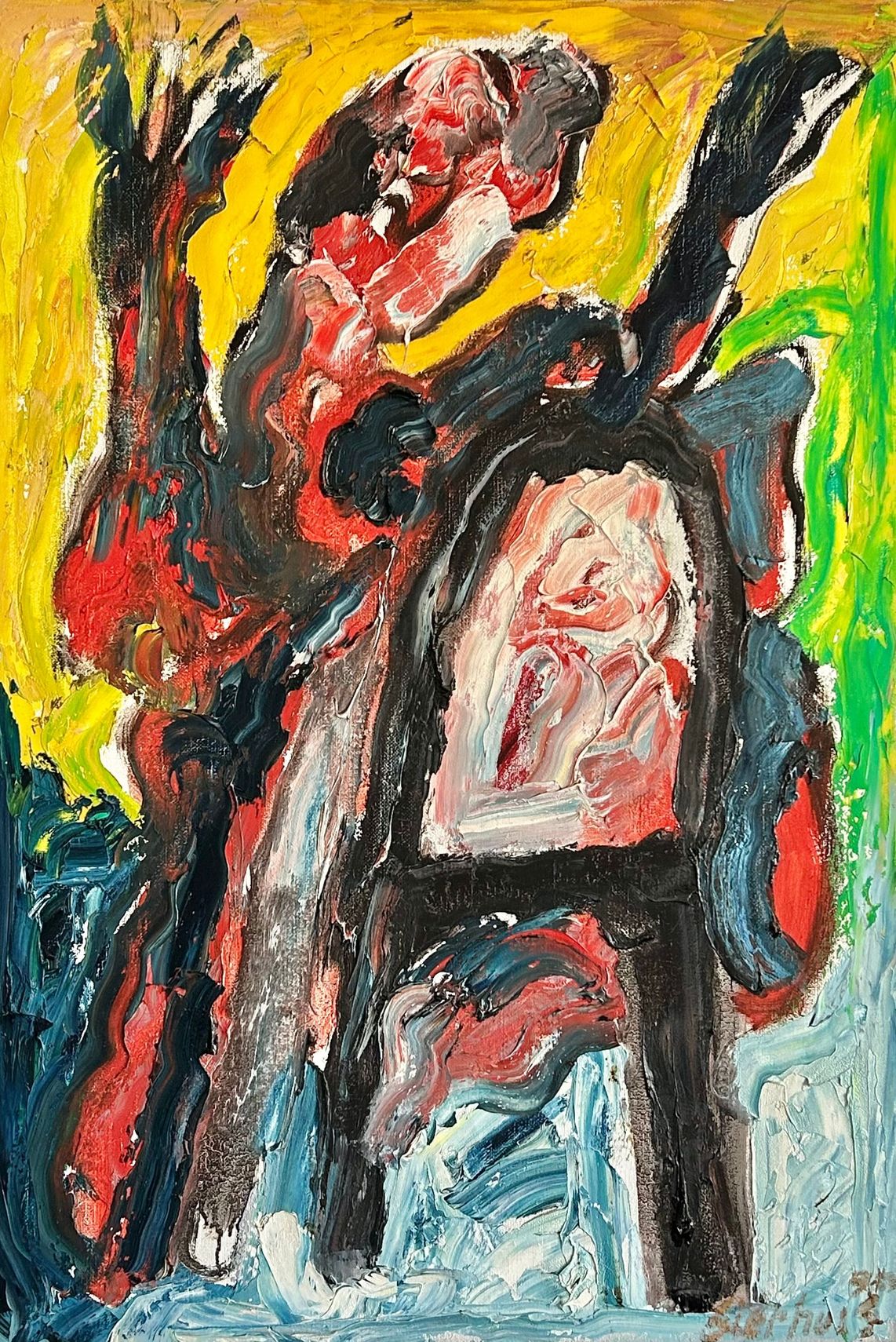 Abstract schilderij van een zittende figuur in zwart, rood en lichtblauw tegen een gele achtergrond.