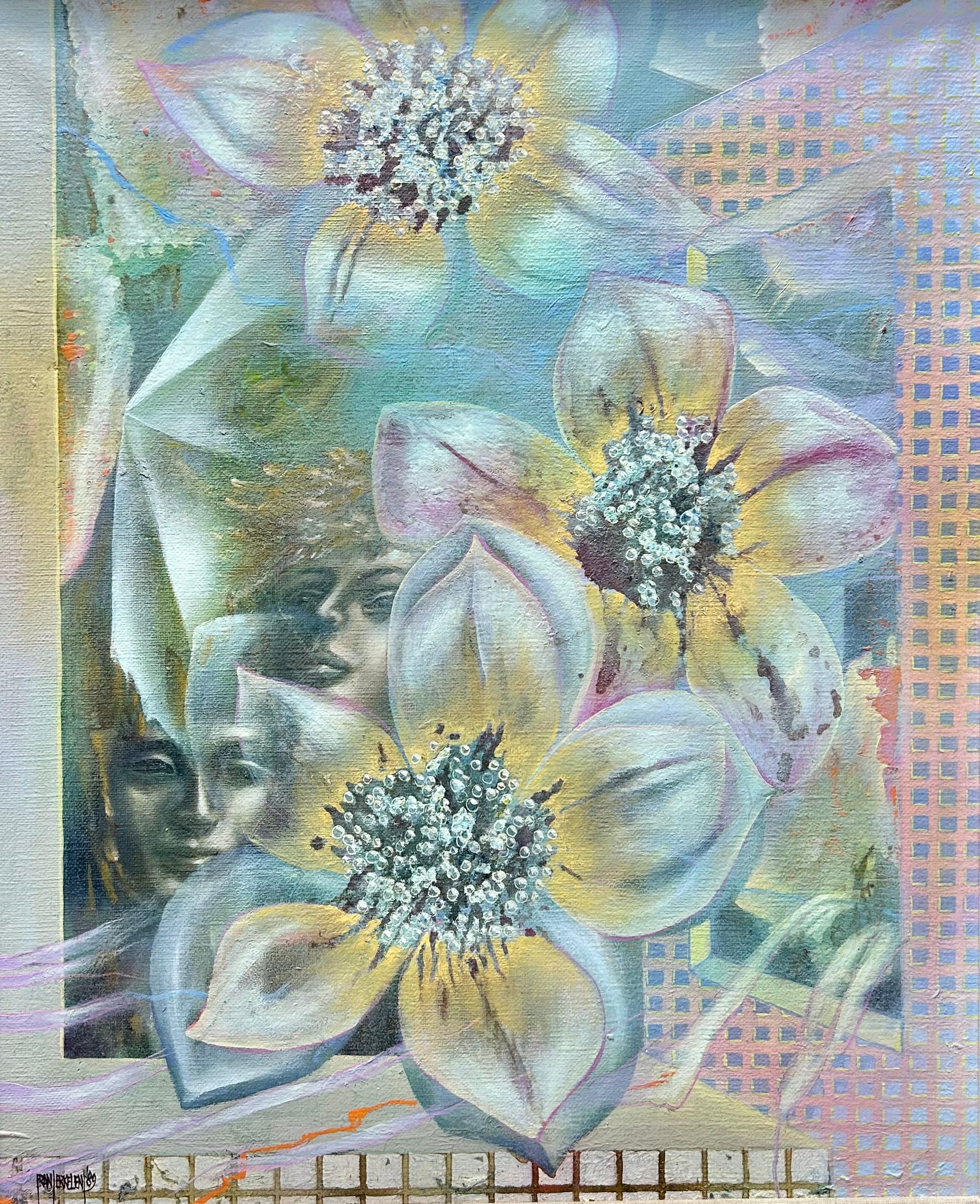 Pastelkleurig bloemenschilderij met gelaagde witte en gele bloemen op een gestructureerde blauwgroene achtergrond.