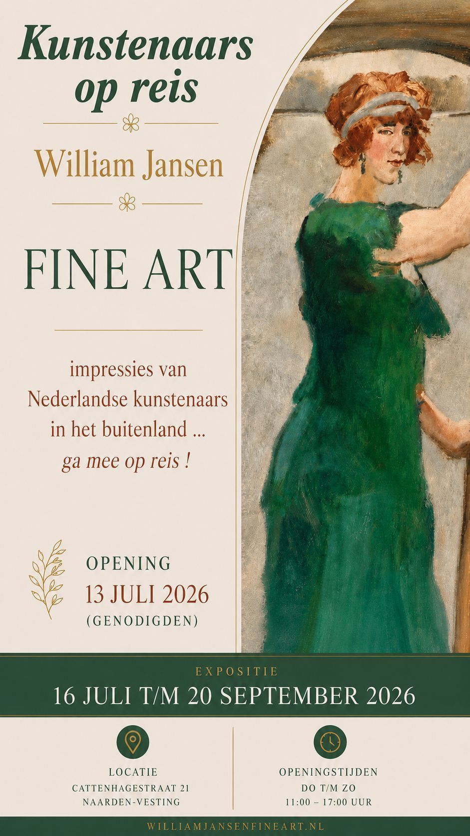 Poster voor de tentoonstellingen “Kunstenaars op reis” en “Fine Art”, met een schilderende vrouw en de data van het evenement onderaan.