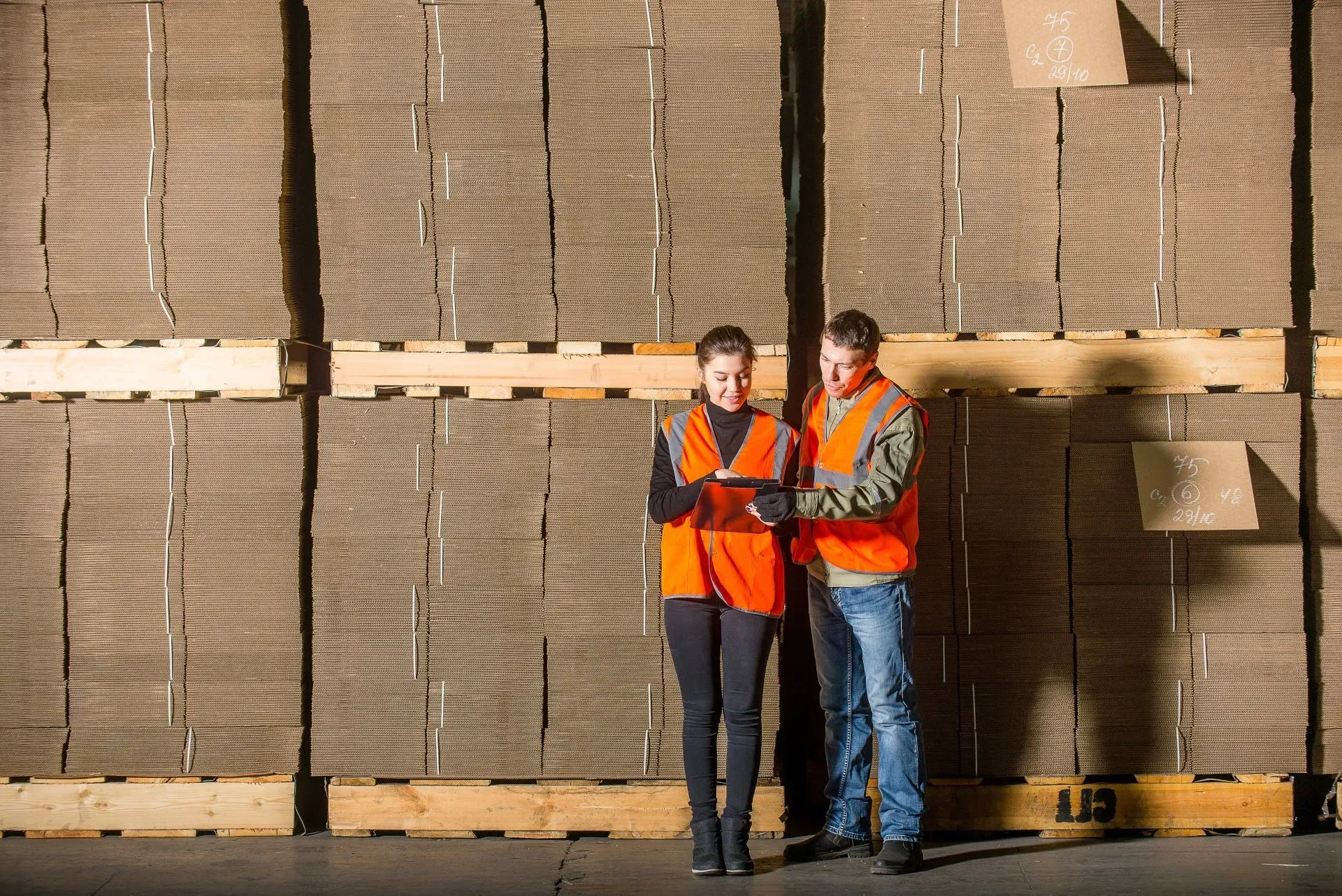 Two warehouse workers in orange safety vests stand in front of stacked cardboard boxes.