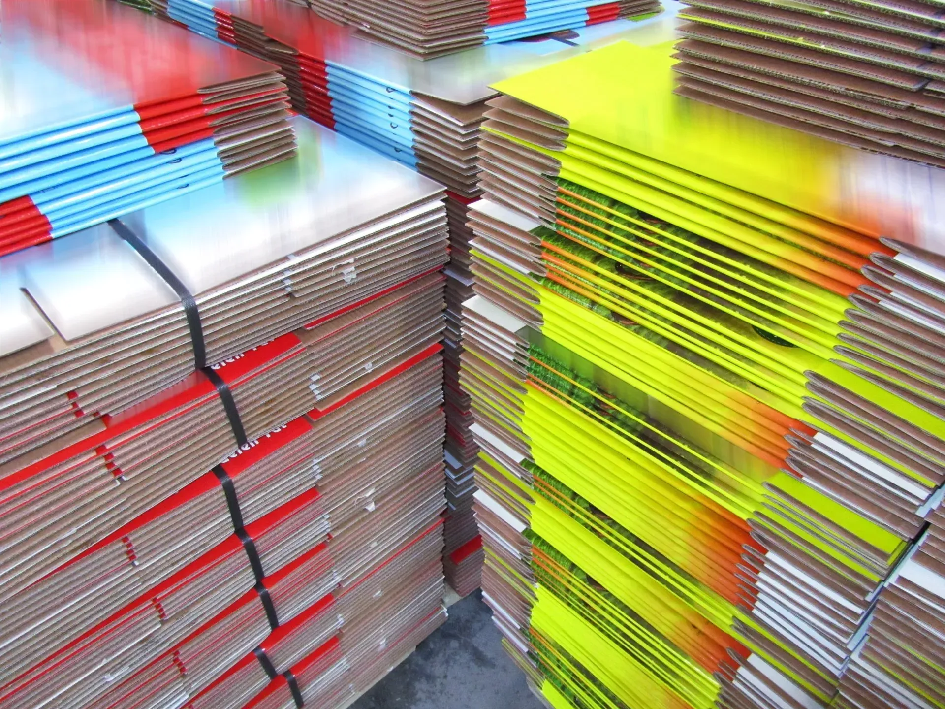 Stacks of colorful notebooks with red, blue, yellow, and silver covers on a table