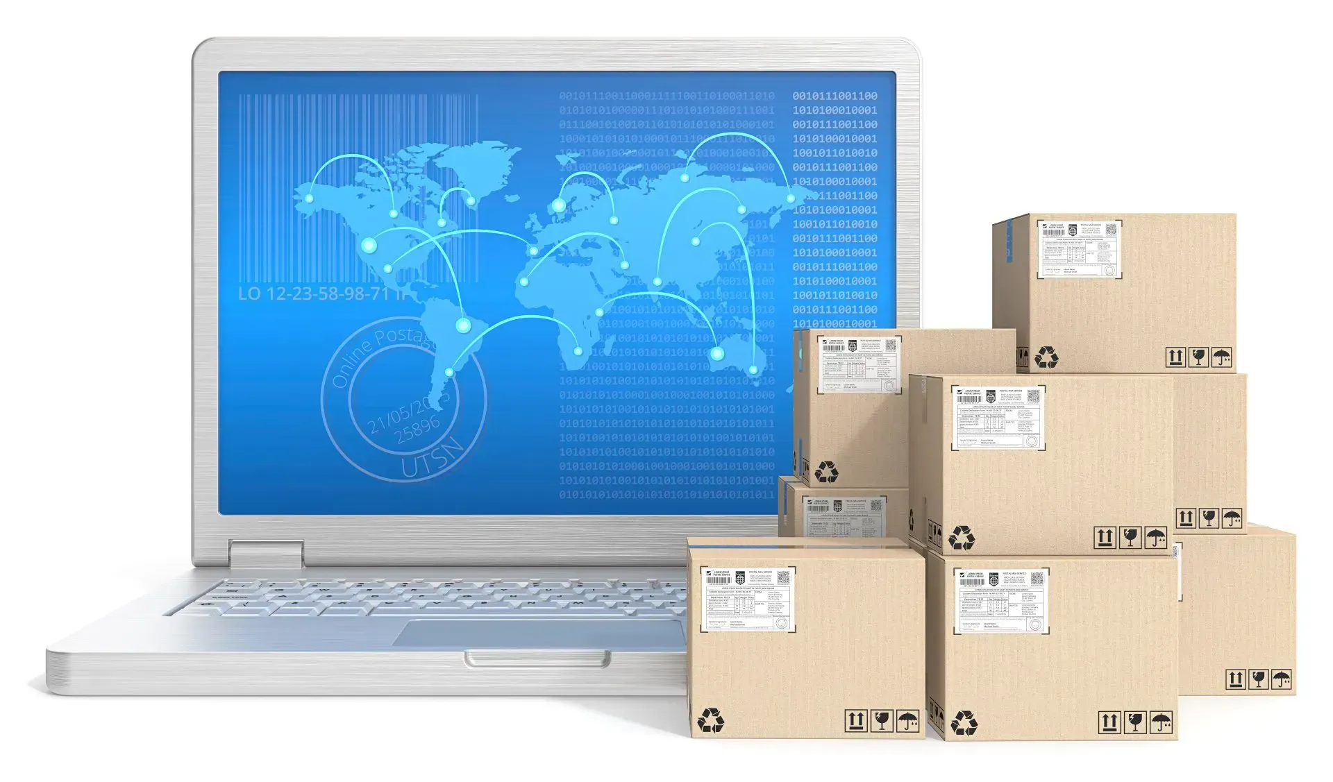 Laptop displaying a blue world map beside stacked cardboard shipping boxes
