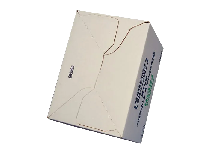 Tilted beige cardboard box with printed text on the side and top flaps visible