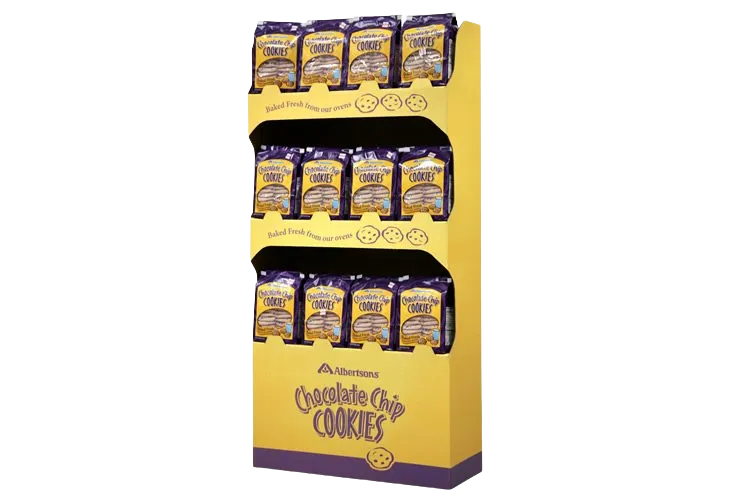 Yellow retail display of chocolate chip cookie packs with purple accents and “Chocolate Chip Cookies” text