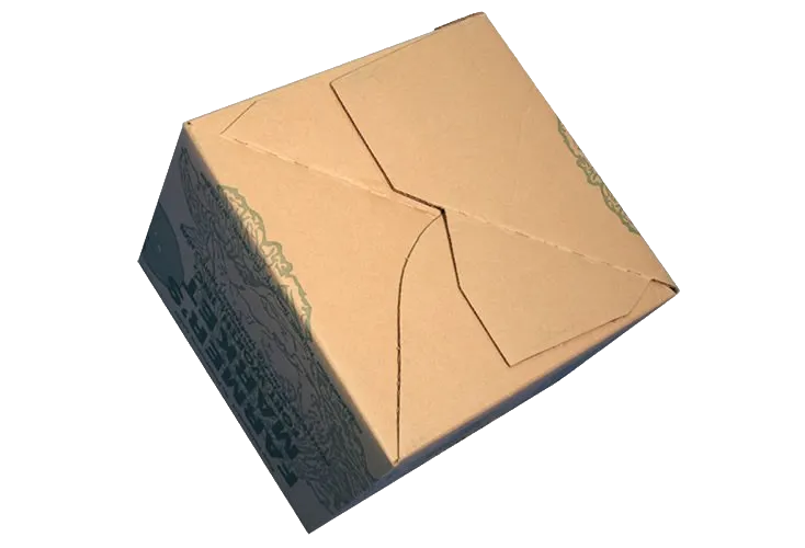 Cardboard box with a jagged crack across the top, shown at an angle on a white background
