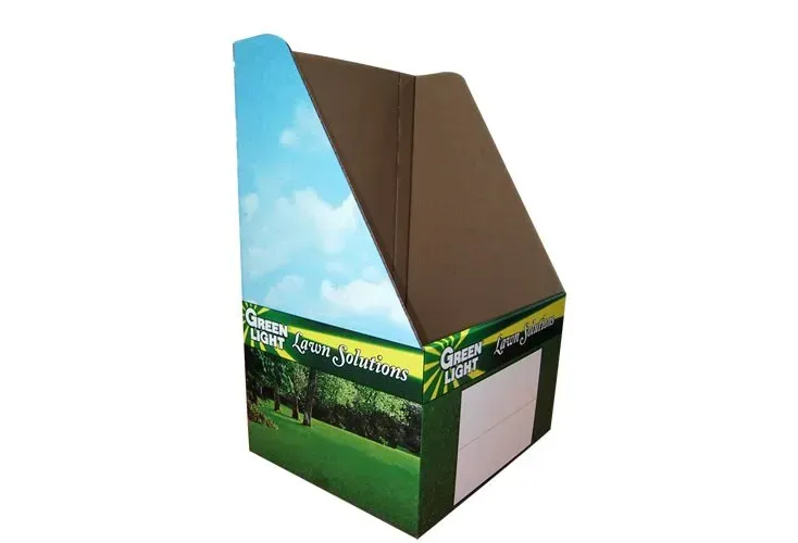 Open cardboard display box with sky-blue and green printed sides and a brown interior fold-out lid