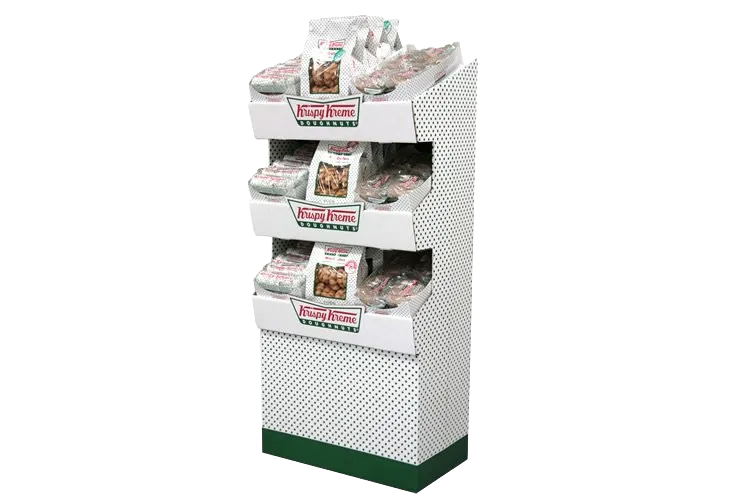 Floor-standing display rack holding packaged snacks in white and green packaging.