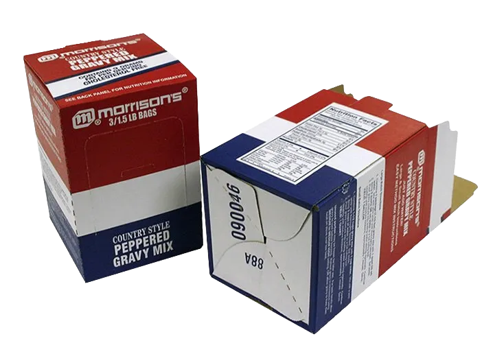Two unopened red, white, and blue Matthews gravies cartons on a white background