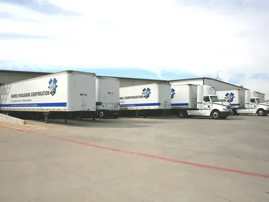White semi-trucks lined up in a loading yard on a sunny day