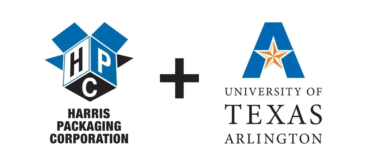 Harris Packaging Corporation logo plus University of Texas at Arlington logo with a plus sign between them