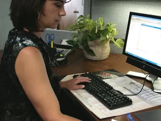 Person typing at a desk with a keyboard, monitor, papers, and a potted plant nearby.