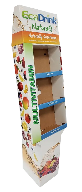 Empty EcoDrink Natural multivitamin cardboard display stand with orange and green branding
