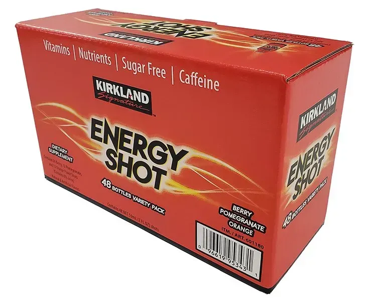 Kirkland Energy Shot orange box with 24 shots, labeled vitamins, sugar free, and caffeine