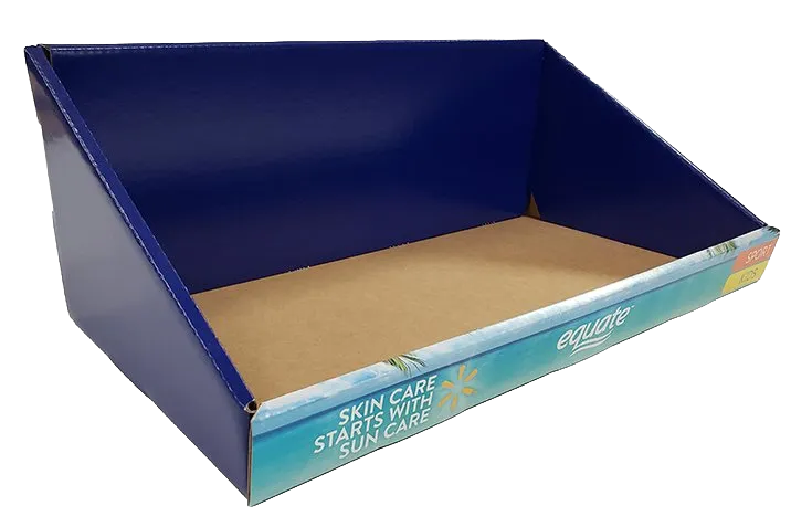 Blue cardboard display tray with tan base and turquoise front edge