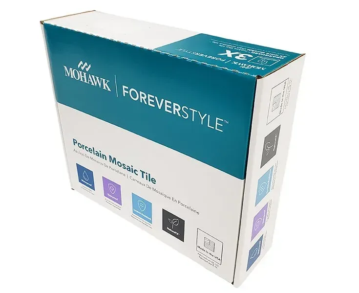 Mohawk ForeverStyle porcelain mosaic tile box with teal and white packaging