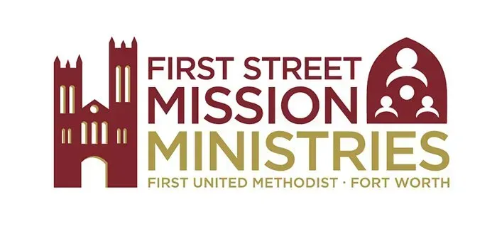 First Street Mission Ministries logo in maroon with church icons and Fort Worth United Methodist text