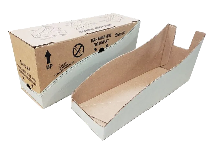 Cardboard wedge-shaped packaging box with printed arrows and instructions, shown closed and open