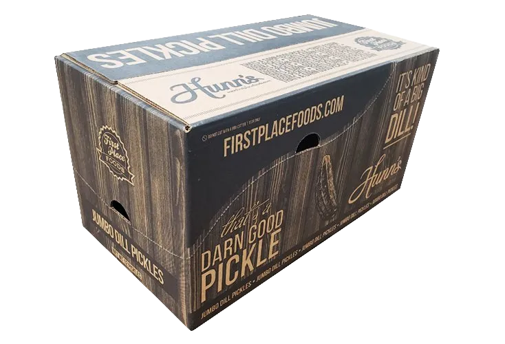 Cardboard box labeled “Dark n Good Pickles” with rustic wood-grain design and text on top and sides
