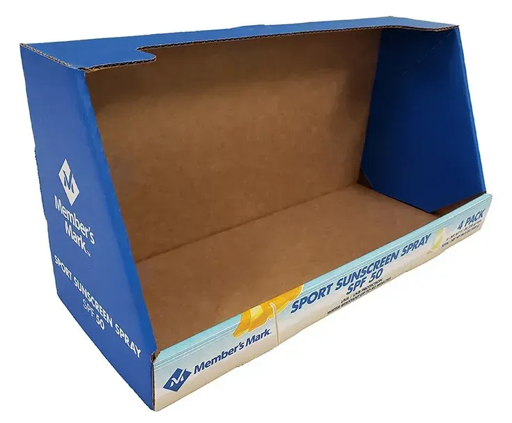 Blue and brown open cardboard display box with a white front edge