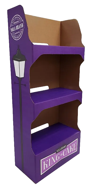 Purple cardboard display shelf with three tiers and a small lantern graphic on the side