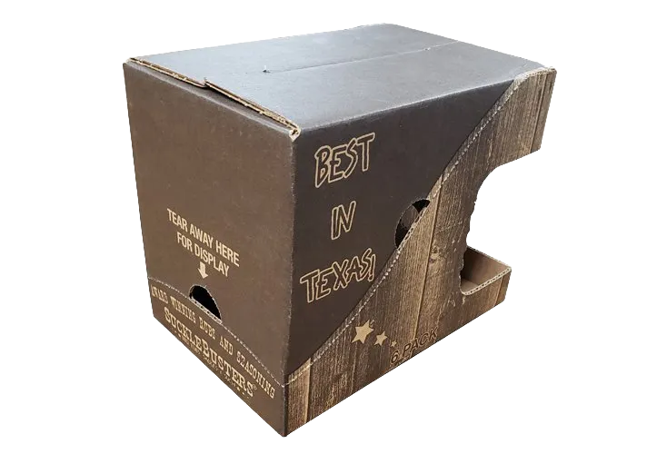 Brown cardboard box with a cutout handhold and white lettering on the side