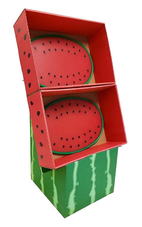 Red and green stylized watermelon slices in a tilted box-like display structure