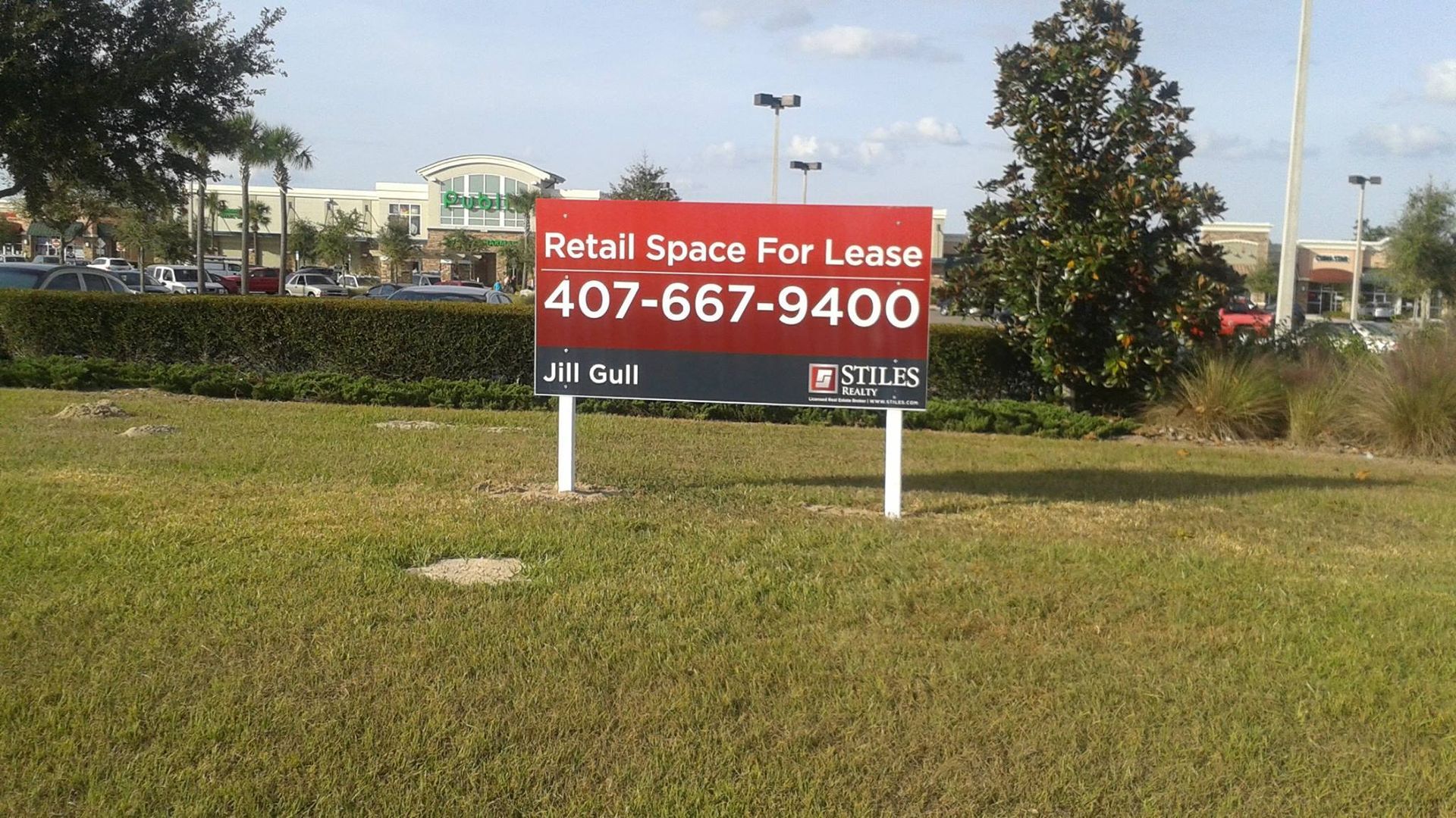 A sign in a grassy field that says retail space for lease