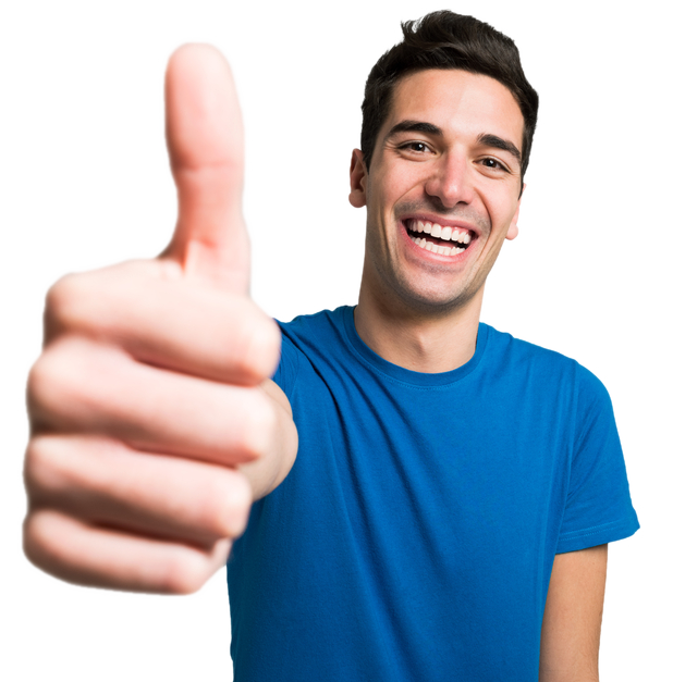 A man in a blue shirt is giving a thumbs up
