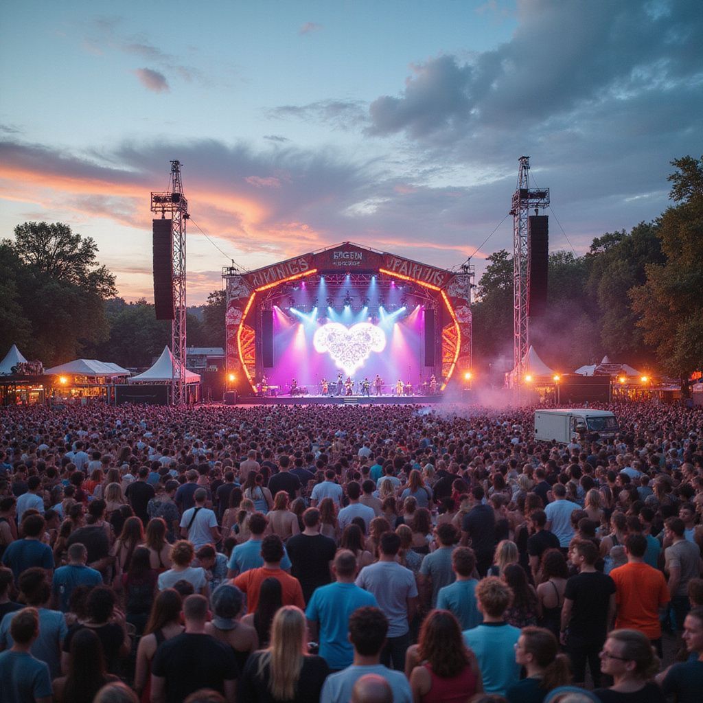 Outdoor music festival crowd facing a glowing stage at sunset with pink and blue lights