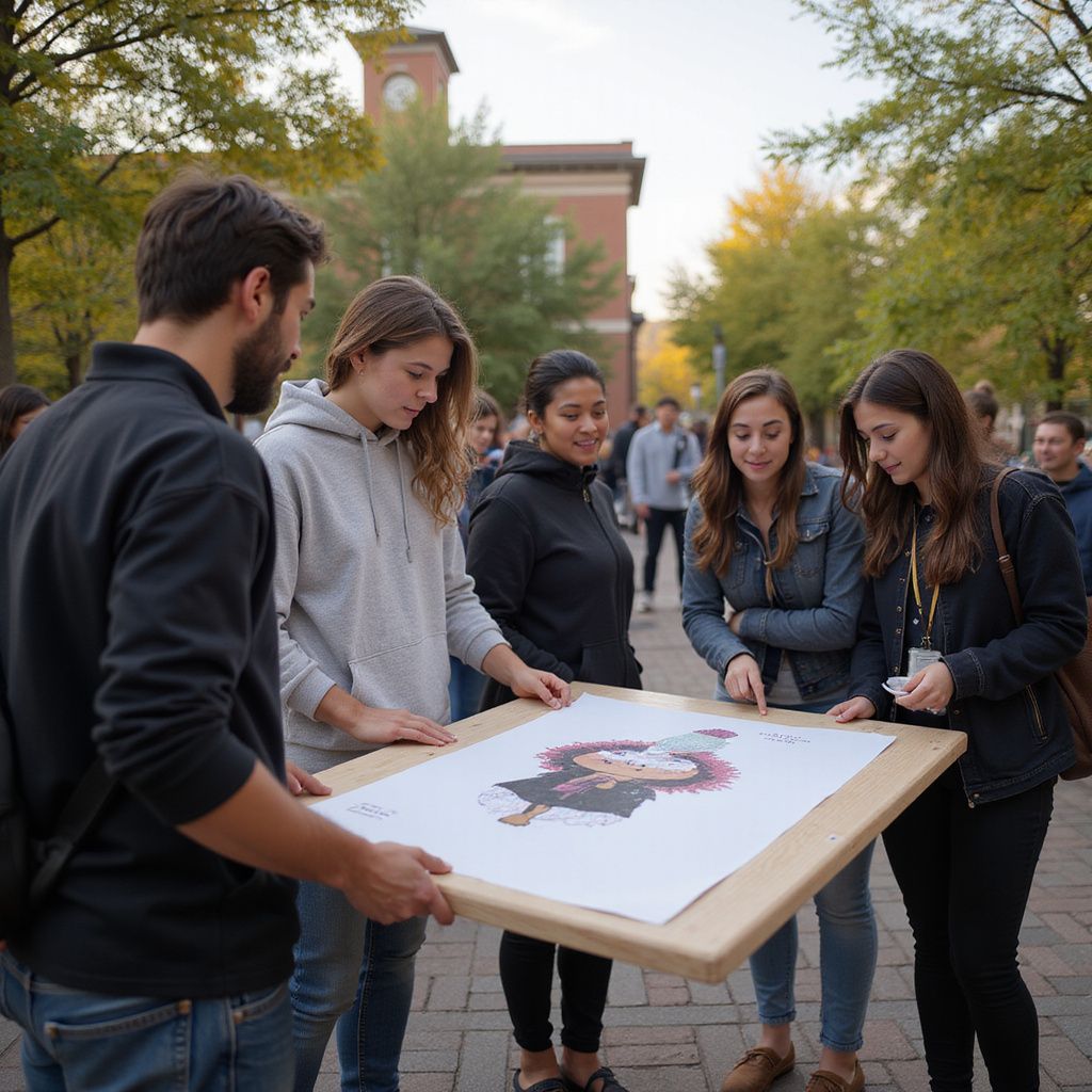 Group of students gathered around a large map outdoors, discussing it on a campus walkway.