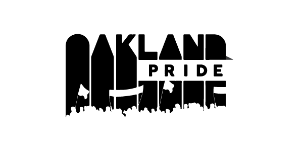Oakland Pride logo in black and white, with skyline silhouette and bold text